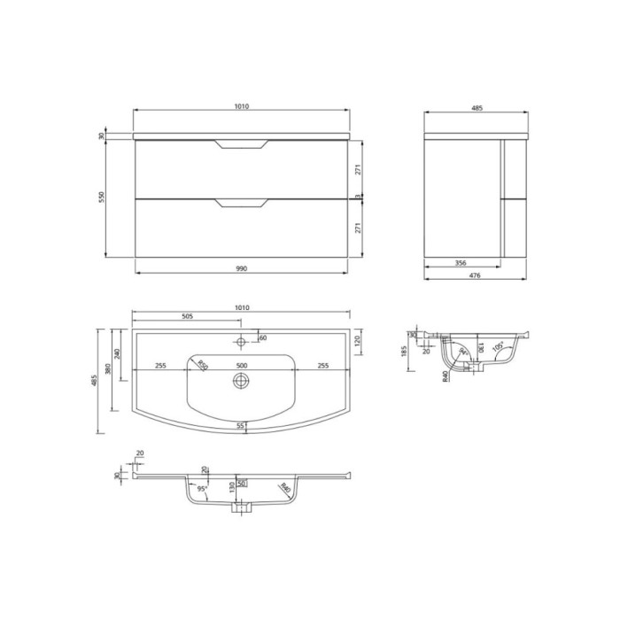 Arc 100cm 2 Drawer Wall Hung Vanity Unit