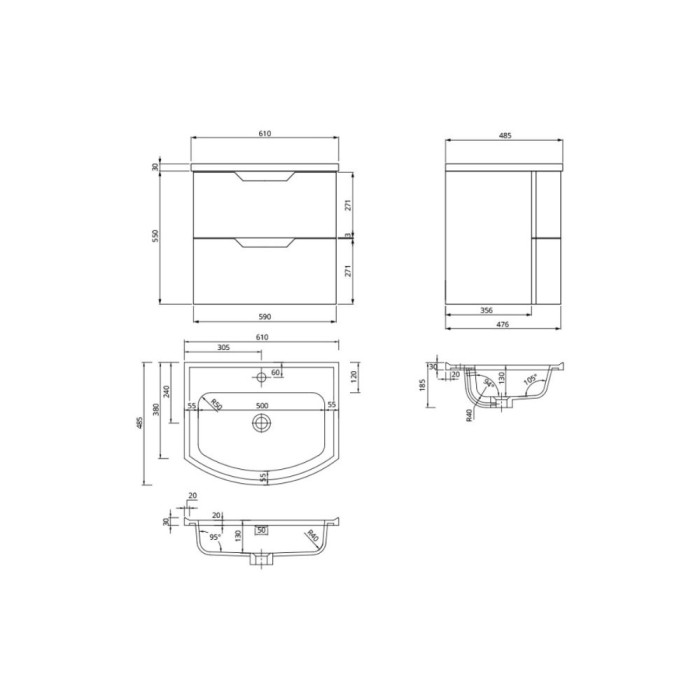 Arc 60cm 2 Drawer Wall Hung Vanity Unit