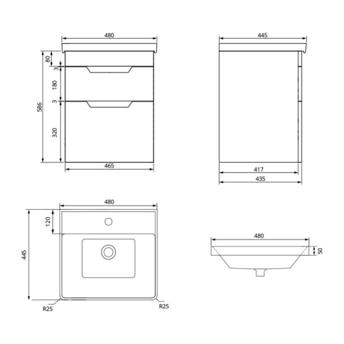 Freya 50cm 2 Drawer Wall Hung Vanity Unit