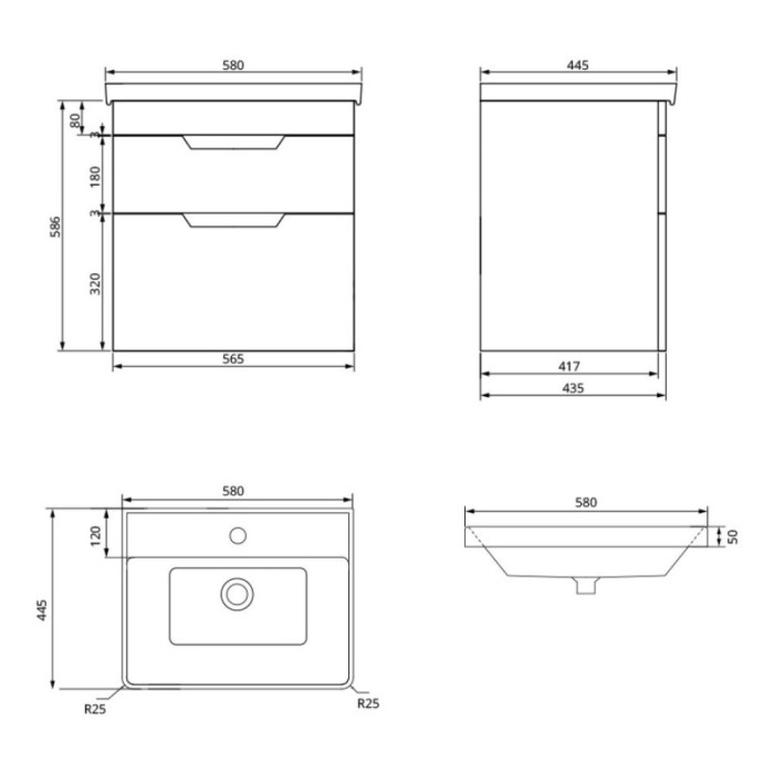 Freya 60cm 2 Drawer Wall Hung Vanity Unit