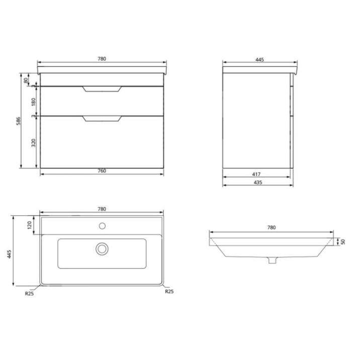 Freya 80cm 2 Drawer Wall Hung Vanity Unit