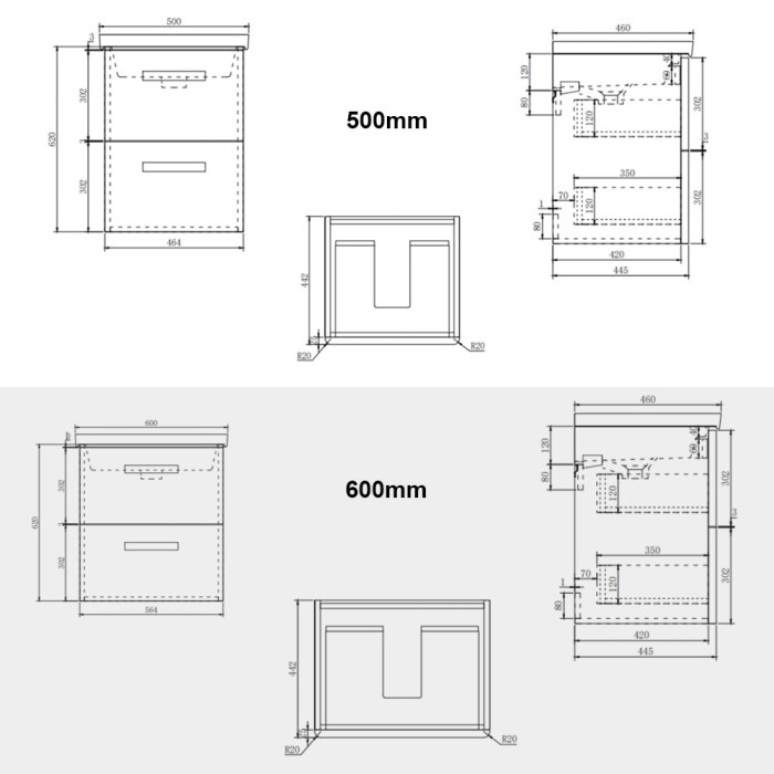 Kora 60cm 2 Drawer Wall Hung Vanity Unit