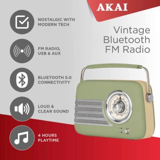 Akai Vintage AM/FM Bluetooth Portable Radio - Sage