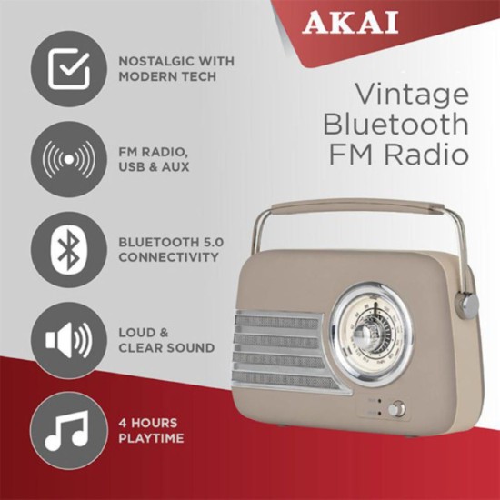 Akai Vintage AM/FM Bluetooth Portable Radio - Taupe 