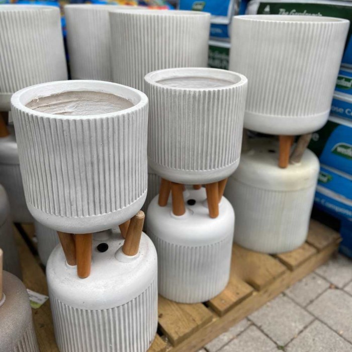 Textured Stripe Design Off-White Fibre Clay Planter
